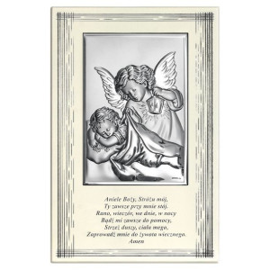 Obrazek Anioł Stróż na jasnym panelu z modlitwą 13.5x21 cm
