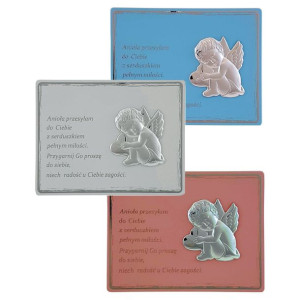 Obrazek Aniołek z sercem na panelu z napisem 15x11.5 cm Kolor: Różowy