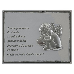 Obrazek Aniołek z sercem na panelu z napisem 15x11.5 cm Kolor: Biały