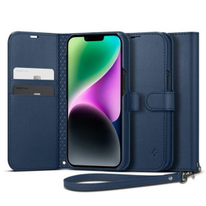 Spigen Wallet S Skórzane Etui Z Klapką Portfel Do Iphone 14 Niebieskie