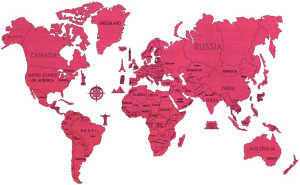 Drewniana Mapa Świata na ścianę 3D, rozm. XXL – kolor koralowy