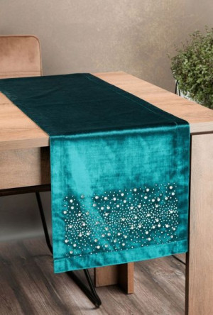 Obrus Bieżnik Welur Velvet Cyrkonie 35x220 Turkus