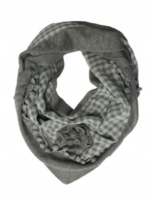 APASZKA DAMSKA CHUSTA WEŁNA w kratkę pompon szary