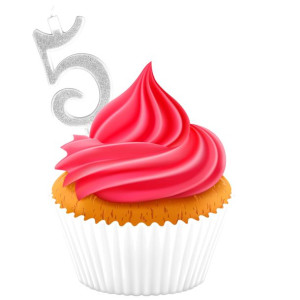 Świeczka Urodzinowa na Tort Cyfra 5 Srebrna Brokatowa