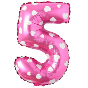 Balon Foliowy Cyfra 5 Różowy w serca 40cm