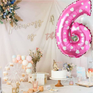 Balon Foliowy Cyfra 6 Różowy w serca 40 cm
