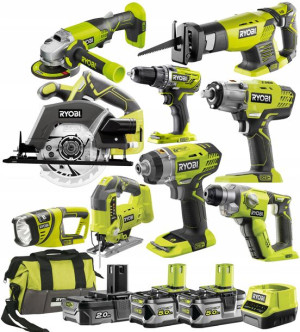 Ryobi Zestaw Combo 9 Narzędzi 18v 3x Bateria Torba