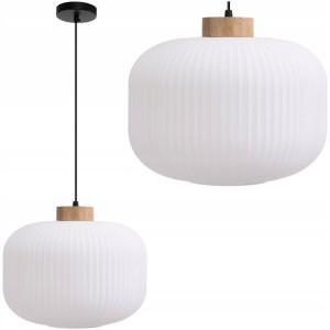 Lampa Sufitowa Wisząca Szklana Biała Boho Drewno