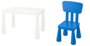 IKEA MAMMUT Stolik dziecięcy biały + Krzesełko niebieskie
