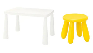 IKEA MAMMUT Stolik dziecięcy biały + stołek żółty