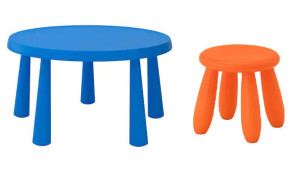 IKEA MAMMUT Stolik dziecięcy niebieski + stołek pomarańczowy