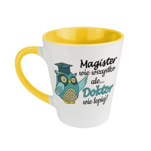 Kubek latte żółty dla świeżo upieczonego Doktora.