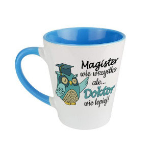 Kubek latte niebieski dla świeżo upieczonego Doktora.