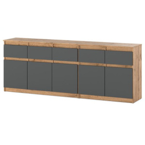 Komoda Do Sypialni Dąb Wotan Szara Pojemna Szafka Z 5 Szufladami Loft 200cm
