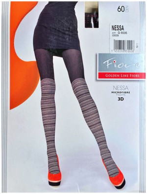 NESSA Rajstopy Wzory Grube FIORE 60 DEN R2 BLACK LIGH GREY