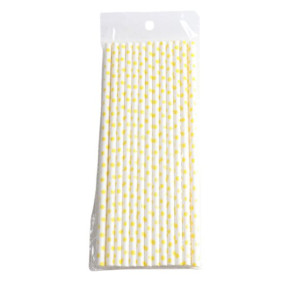 Słomki jednorazowe papierowe 19,7x0,6 cm 25 szt B IAŁE w ŻÓŁTE KROPKI
