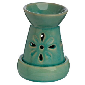 Ceramiczny podgrzewacz olejków i wosku tarta z wyciętymi kwiatami zielony