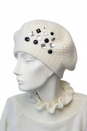 Beret damski WEŁNIANY ANGORA ecru cyrkonie