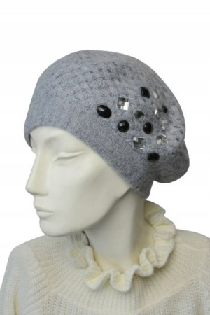 Beret damski WEŁNIANY ANGORA szary cyrkonie