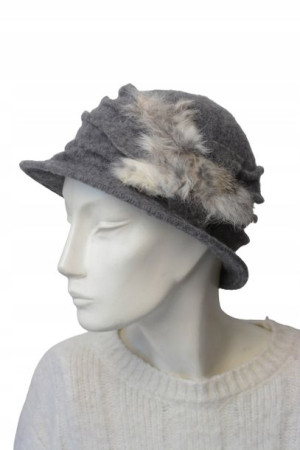 Beret damski wełniany elegancki szary z futerkiem