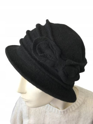 Beret Damski Zimowy Wełniany Czarny
