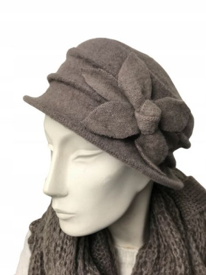 BERET DAMSKI ZIMOWY WEŁNIANY szaro-brązowy