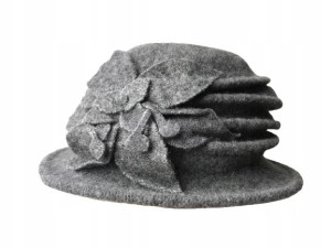 BERET DAMSKI ZIMOWY wełniany szary z kwiatem