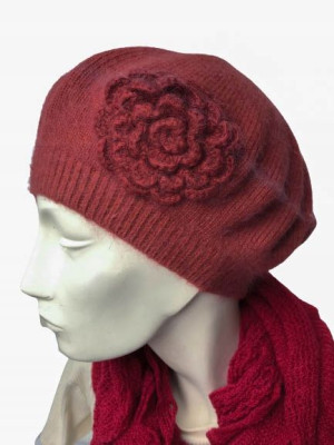 KLASYCZNY BERET DAMSKI wełna angora bordo jasny