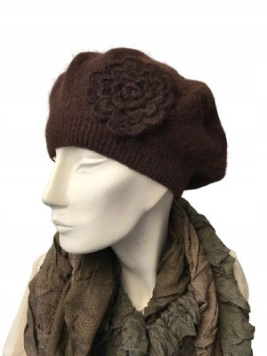 KLASYCZNY BERET DAMSKI wełna angora brąz kwiat