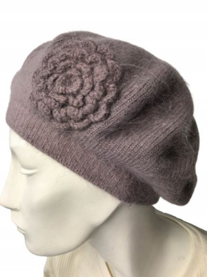 KLASYCZNY BERET DAMSKI wełna angora brązowo-szary