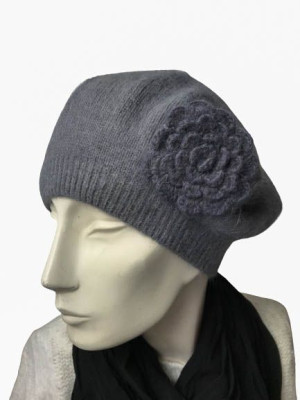 KLASYCZNY BERET DAMSKI wełna angora ciemny szary