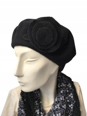 KLASYCZNY BERET DAMSKI wełna czarny kwiat antenka