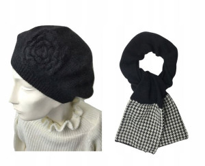 Zestaw zimowy komplet szalik + beret czarny angora