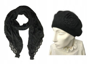 Zestaw zimowy komplet szalik + beret czarny angora