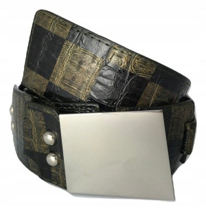 PASEK DAMSKI KWADRATY czarny khaki szer. 6 cm