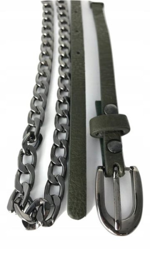 PASEK DAMSKI WĄSKI 1cm khaki zielony na łańcuszku