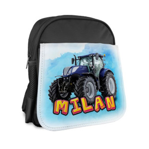 Czarny plecak z imieniem- niebieski traktor.