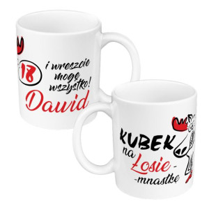 Kubek 330 ml biały na osiemnastkę - zmień imię "Łosiemnastka".