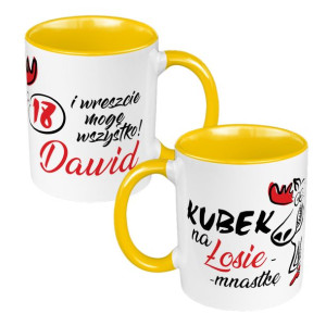Kubek 330 ml żółty na osiemnastkę - zmień imię "Łosiemnastka".