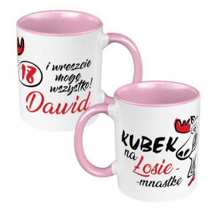 Kubek 330 ml różowy na osiemnastkę - zmień imię "Łosiemnastka".