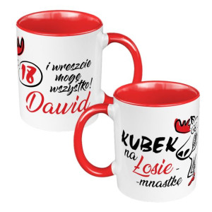 Kubek 330 ml czerwony na osiemnastkę - zmień imię "Łosiemnastka".
