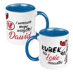 Kubek 330 ml niebieski na osiemnastkę - zmień imię "Łosiemnastka".