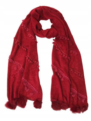 SZALIK DAMSKI czerwony ROUGE z pomponami
