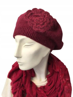 KLASYCZNY BERET DAMSKI wełna angora bordo kwiat