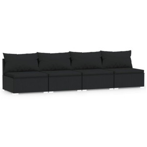 4-osobowa sofa z poduszkami, czarna, polirattan