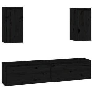 Szafki pod TV, 4 szt., czarne, lite drewno sosnowe