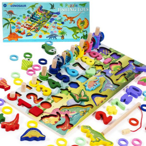 Drewniana Układanka Puzzle Montessori Cyferki Dinozaury 6w1