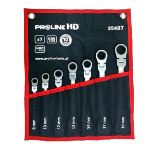 35497 Klucze oczkowo-płaskie, grzechotka przegub, 7sztuk (8-19mm), CV, Prol