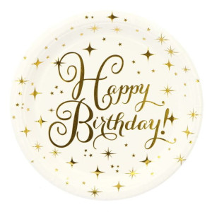 Talerzyki Papierowe Złote Happy Birthday 18cm 6szt