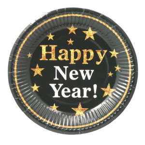 Talerzyki Happy New Year Gwiazdki 6szt Czarno Złote